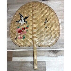 Mid Century Woven Bamboo Reed Hand Fan Painted Swallow Blossom Calligraphy